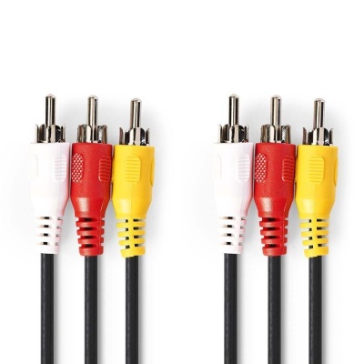 Cabos AV com conectores RCA branco, vermelho e amarelo com cabos pretos