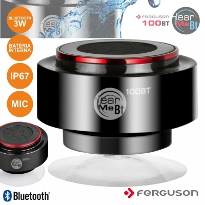 Coluna Bluetooth preta com ventosa e detalhes vermelhos