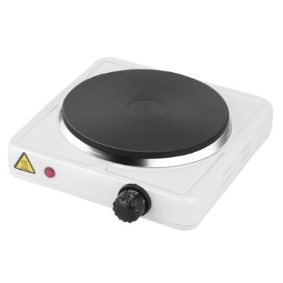 Fogão elétrico portátil branco com placa de ferro fundido preta e botão de controlo preto