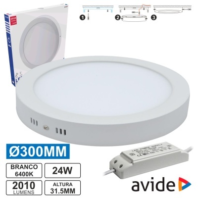 Plafon LED redondo branco com driver e embalagem de instruções.