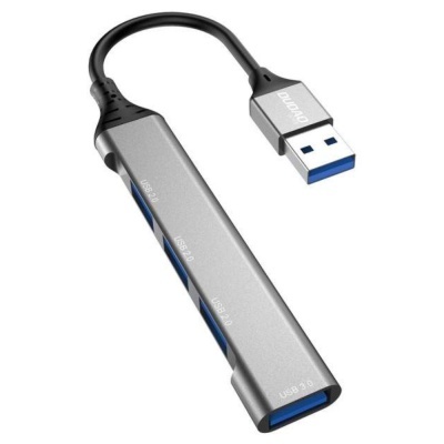 Multiplicador USB hub metálico prateado com três portas USB azuis