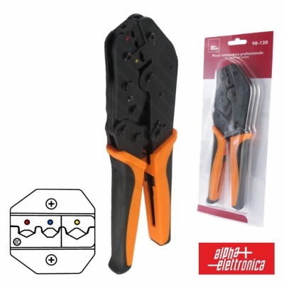 Alicate de cravar preto e laranja com embalagem da Alpha Elettronica
