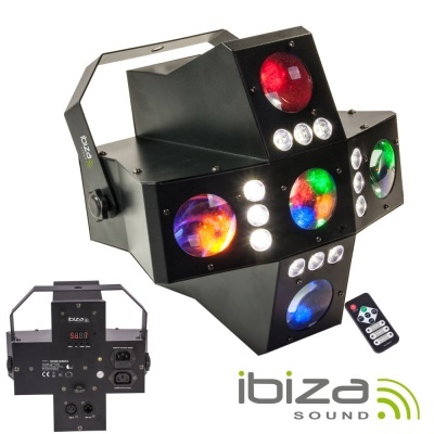 Dispositivo de luz de palco preto com lentes coloridas e controle remoto