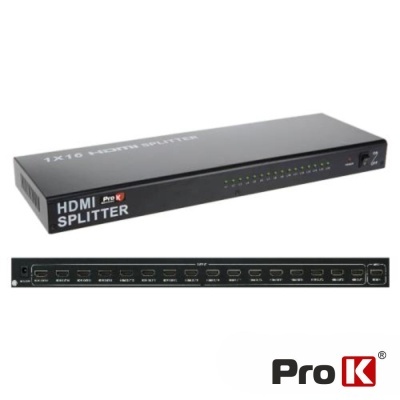 Divisor HDMI Pro K preto com 9 entradas e 16 saídas e LEDs indicadores