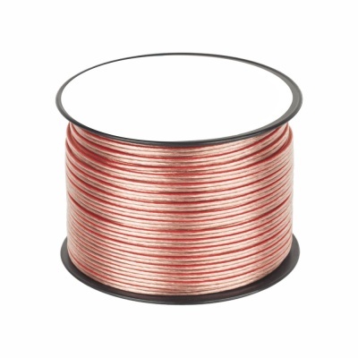 Rolo de fio elétrico transparente com revestimento vermelho e cobre numa bobina preta.