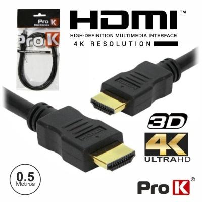 Cabo HDMI preto com conectores dourados, embalagem Pro K