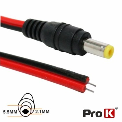 Cabo de alimentação com conetor DC preto e vermelho e logotipo Pro K