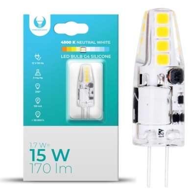 Lâmpada LED tipo G4 transparente e embalagem azul e branca com texto