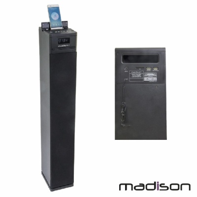 Coluna de som de torre preta com dock para iPod/iPhone e display digital