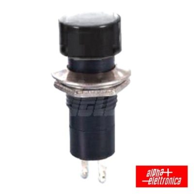 Botão de pressão preto com base metálica e terminais, logótipo ALPHA + ELETTRONICA