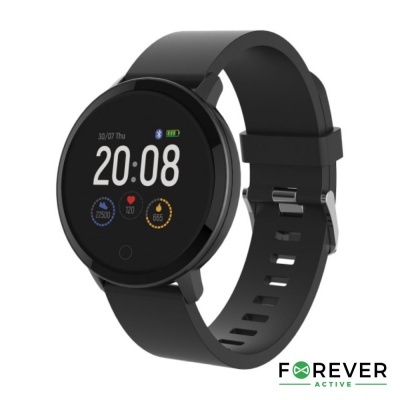 Relógio inteligente preto com bracelete em silicone e mostrador digital