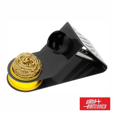 Suporte preto para ferro de soldar com esponja metálica dourada e base amarela