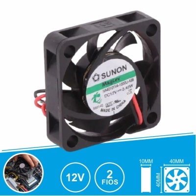 Ventoinha preta SUNON MagLev 40x40x10mm com etiqueta central verde e branca, dois fios, fundo branco e azul com dimensões