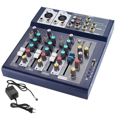 Mesa de mistura de áudio azul com botões coloridos e fonte preta