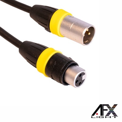 Cabo de áudio XLR com conectores macho e fêmea preto e amarelo