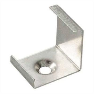 Suporte metálico em L prateado com recorte circular