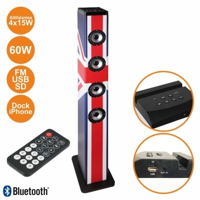 Coluna de som com design da bandeira do Reino Unido, comando remoto e entradas USB, AUX, TF