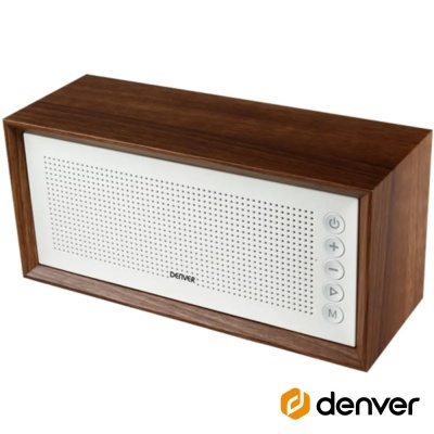 Coluna de som Denver retangular em madeira castanha com painel branco perfurado e botões de controle.
