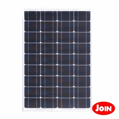 Painel solar preto com células fotovoltaicas e logótipo JOIN no canto inferior direito
