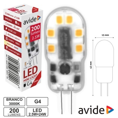Lâmpada LED mini light avide branca 3000K, modelo G4, 200 lumens, 2,5W, com embalagem e dimensões indicadas.