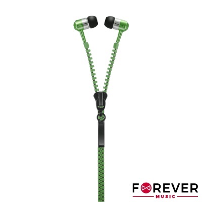 Auriculares verdes com cabo zíper e logótipo forever music
