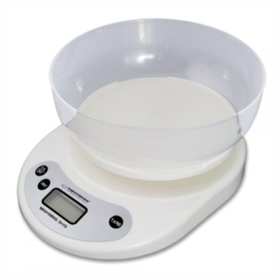 Balança de cozinha digital branca com tigela plástica transparente
