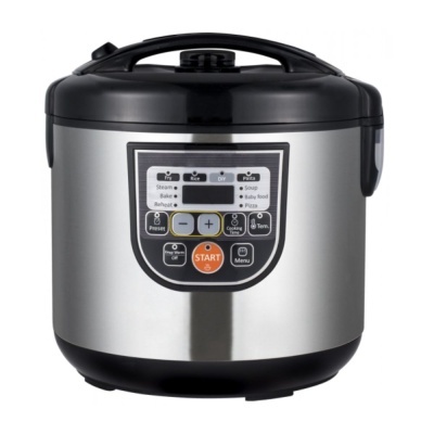 Panela elétrica multifunções em inox e preto com painel digital e botões de função