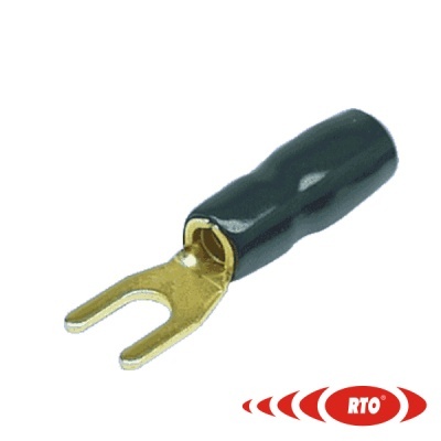 Conector elétrico do tipo garfo preto com metal dourado e logótipo RTO