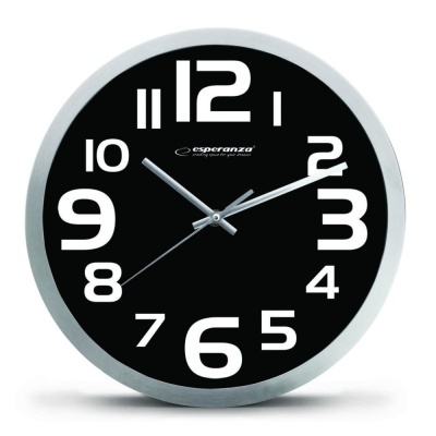 Relógio de parede preto e prateado com números grandes brancos