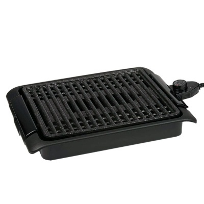 Grelhador elétrico retangular preto com grelha de ferro fundido