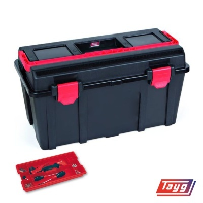 Caixa de ferramentas preta com fechos vermelhos e bandeja organizadora