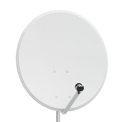 Antena parabólica redonda branca num suporte metálico