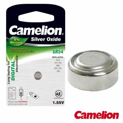 Pilha botão Camelion Silver Oxide SR54 e embalagem preta, verde e branca