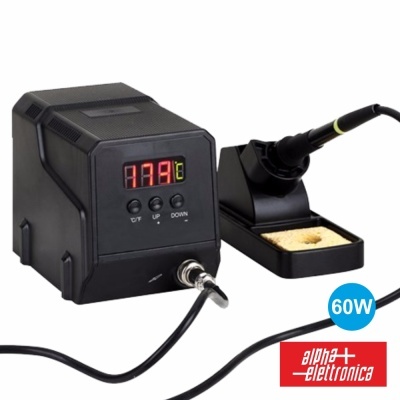 Estação de solda preta com visor digital e suporte para ferro