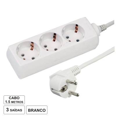 Extensão eléctrica branca com três tomadas e cabo de 1,5 metros