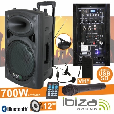 Coluna de som preta Ibiza Sound com microfone, comando, painel de controlo e ícones de potência, Bluetooth, USB SD e altifalante de 12 polegadas