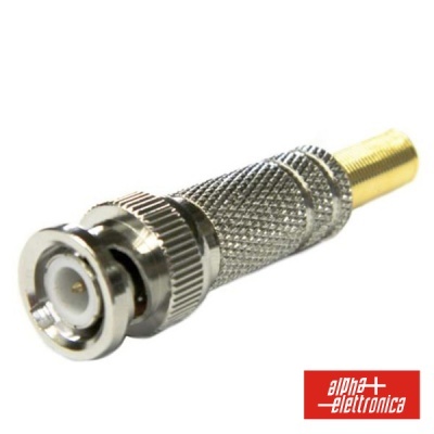 Conector BNC metálico com ponta dourada e corpo prateado