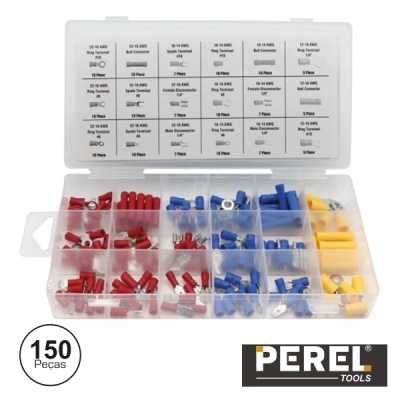 Caixa organizada com 150 conectores elétricos vermelhos, azuis e amarelos da PEREL TOOLS