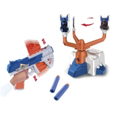 Brinquedo pistola azul branca e laranja com alvo giratório e dardos azuis