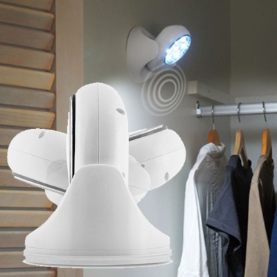 Luz LED com sensor e dispositivo branco arredondado próximo a armário de roupas