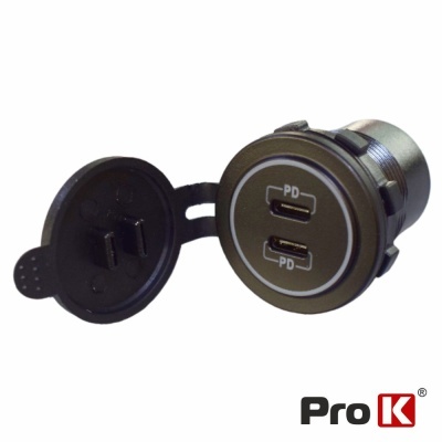 Carregador duplo USB tipo C com tampa preta e corpo prateado