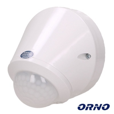 Sensor de movimento branco ORNO em plástico com visor hemisférico texturizado e etiqueta azul