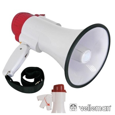 Megafone branco e vermelho com alça preta e logótipo Velleman