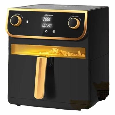 Frigideira elétrica preta e dourada com painel digital e batatas fritas