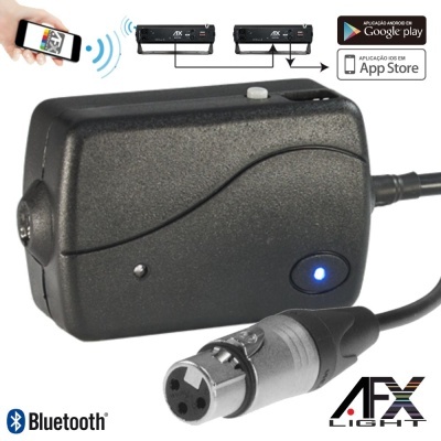 Dispositivo de controlo Bluetooth preto da AFX Light com conector XLR e indicadores de apps móveis