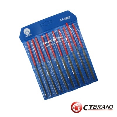 Conjunto de limas de precisão com cabo vermelho em embalagem azul