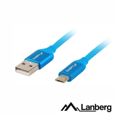 Cabo USB azul com conetor Micro USB e logo Lanberg