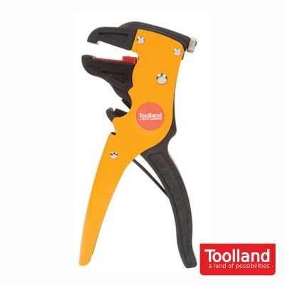 Alicate descascador de fios amarelo e preto com texto Toolland