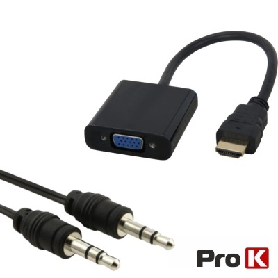 Cabo adaptador HDMI para VGA com conector HDMI preto e ficheiros jack 3.5 mm