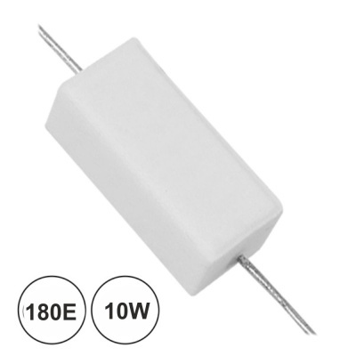 Resistor branco retangular com terminais e texto 180E e 10W